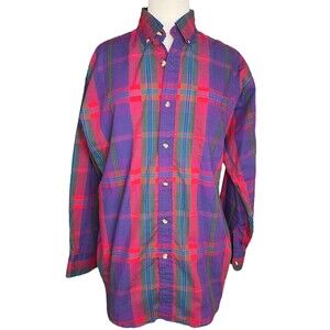 Vintage Steeplechase Mens Plaid Red Blue Button Up Western Shirt Medium Casual